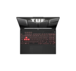 Top down view of Asus TUF A16 FA607NUG keyboard layout with highlighted WASD keys and large touchpad from Karoum Computers Dubai UAE