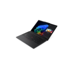 An isometric, left-angled open view of the black Lenovo ThinkPad T14 Gen 6 laptop, showing the active Windows 11 desktop with the Microsoft Copilot interface open on the 14-inch screen, the premium keyboard, and the large trackpad with physical buttons.