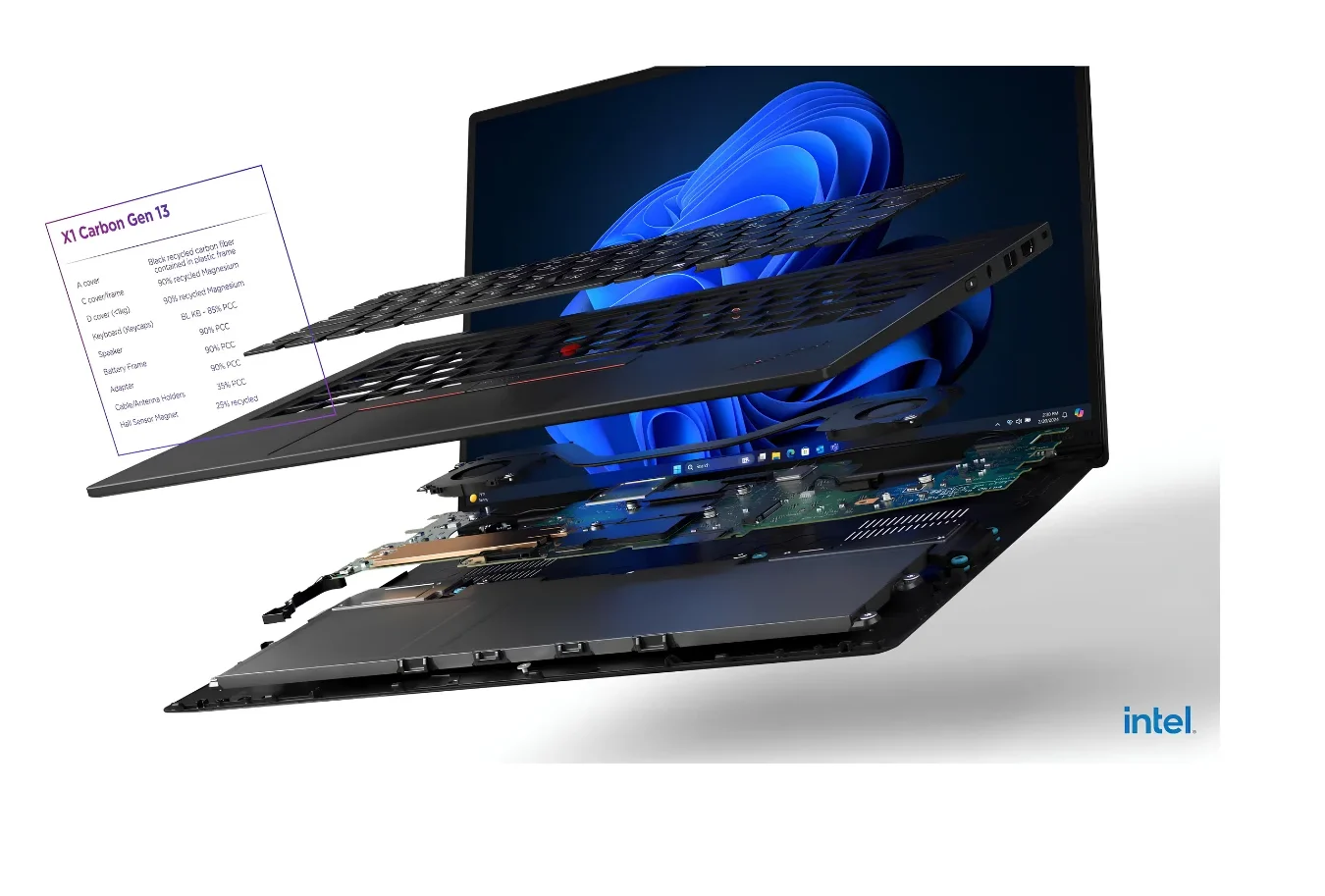 Lenovo ThinkPad X1 Carbon Gen 13 Aura Edition AI powered laptop with Intel Core Ultra 7 258V shown from a 45 degree angle