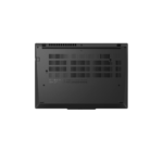 Direct flat view of the black bottom base cover of the Lenovo ThinkPad T14 Gen 6 laptop, displaying the expansive dual-row cooling ventilation grilles, regulatory certification laser engravings, rubber anti-slip feet, and captive chassis screws.