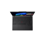 Direct overhead view of the open black Lenovo ThinkPad T14 Gen 6 laptop deck, showing the premium ergonomic US keyboard, the iconic red TrackPoint pointer, side-firing speaker grilles, the large trackpad with physical accent lines, and the lower portion of the active Windows 11 display.