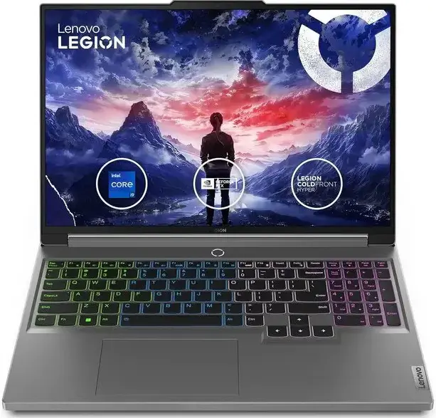 Front view of the Lenovo Legion 5 16IAX10 Laptop UAE in Storm Gray, featuring an open 16-inch 240Hz WQXGA display and a vibrant 24-zone RGB backlit keyboard.