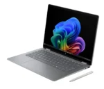 HP Omnibook X-Flip 14-FM0013DX 2-in-1 touchscreen laptop in Atmospheric Blue with Intel Core Ultra 5 processor, 16GB RAM, 512GB SSD, and 14-inch WUXGA display