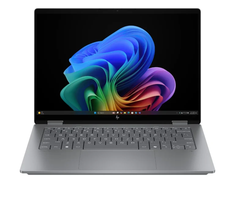 HP Omnibook X-Flip 14-FM0013DX 2-in-1 touchscreen laptop in Atmospheric Blue with Intel Core Ultra 5 processor, 16GB RAM, 512GB SSD, and 14-inch WUXGA display